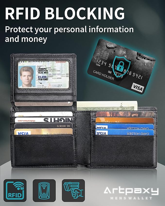 Artpaxy Mens Wallet Genuine Leather Bifold RFID Blocking Wallet for Men with 2 ID Windows 12 Card Holders 2 cash pockets 1 Gift Box
