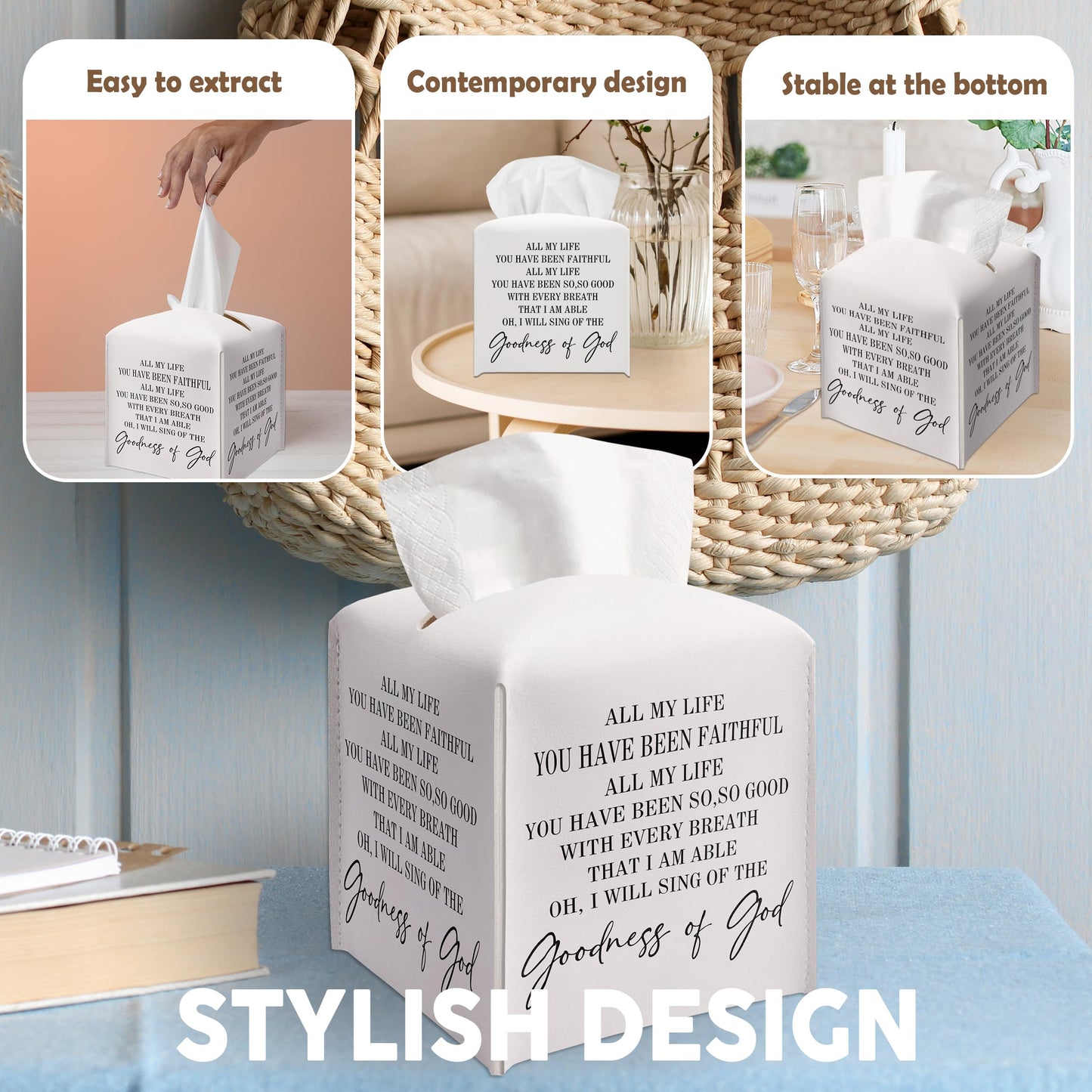Tissue Box Cover Square, Leather Tissue Box Cover, Waterproof Leather Facial Paper Organizer Dispenser for Bathroom Home Car Nightstand Vanity Desk, Goodness of God, 5.2 Inches