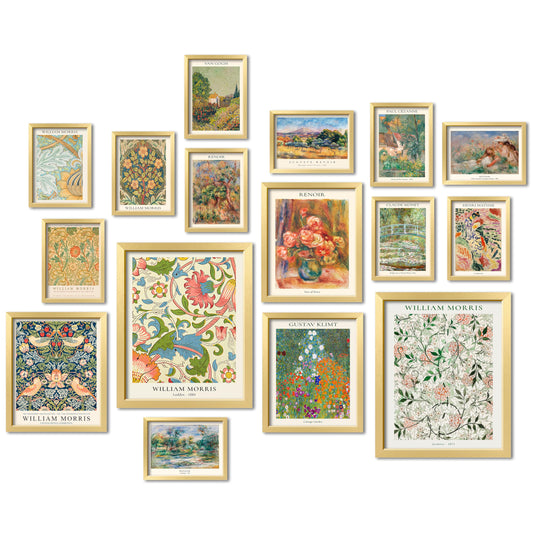 ANERZA 16 PCS Gold Framed Vintage Eclectic Wall Art Decor, William Morris Wall Prints for Bedroom, Gallery Wall Frame Set, Posters for Living Room Aesthetic, Collage Kit, Colorful Dorm Home Artwork