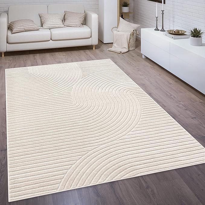 Paco Home Modern Area Rug with Raised Curved Line Pattern – Minimalist Design in Cream, Size: 2'8" x 4'11"