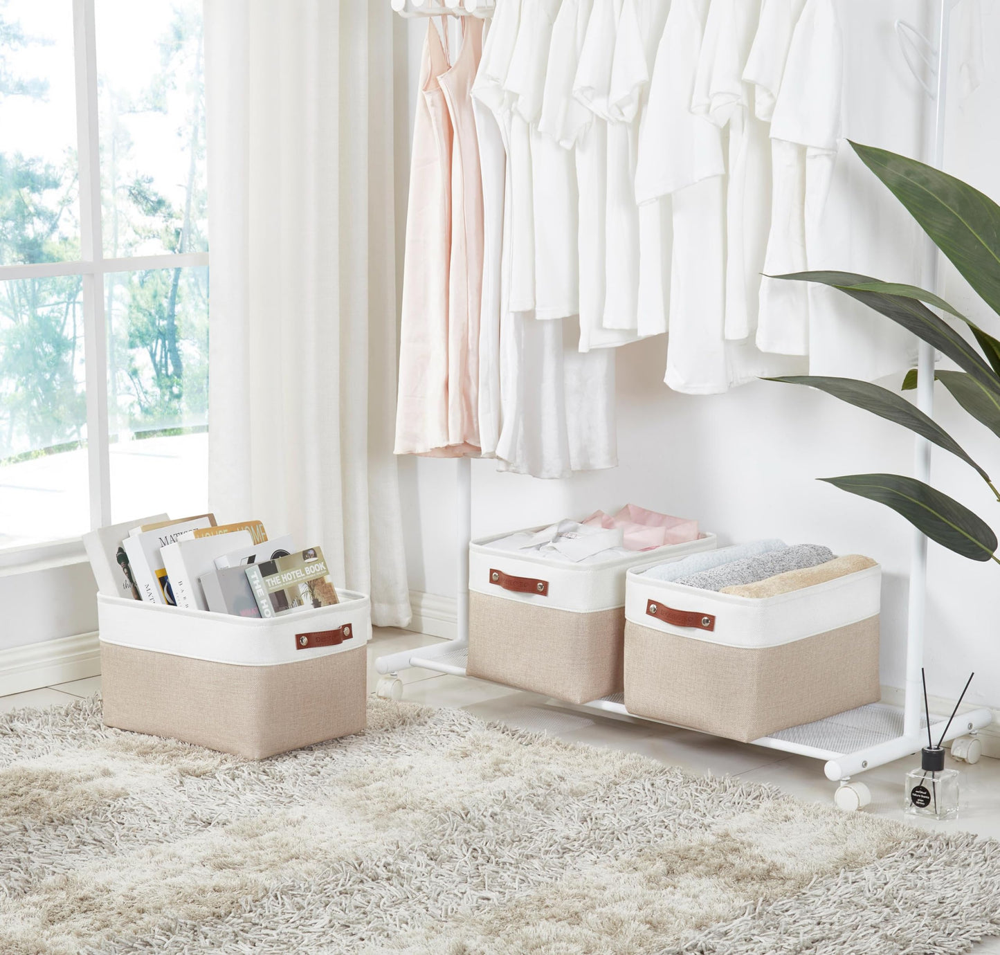DECOMOMO Storage Bins, Large Fabric Storage Baskets for Shelves, Decorative Linen Closet Organizer, 15 x 11 x 9.5 inches (Beige & White, 3 Pack)