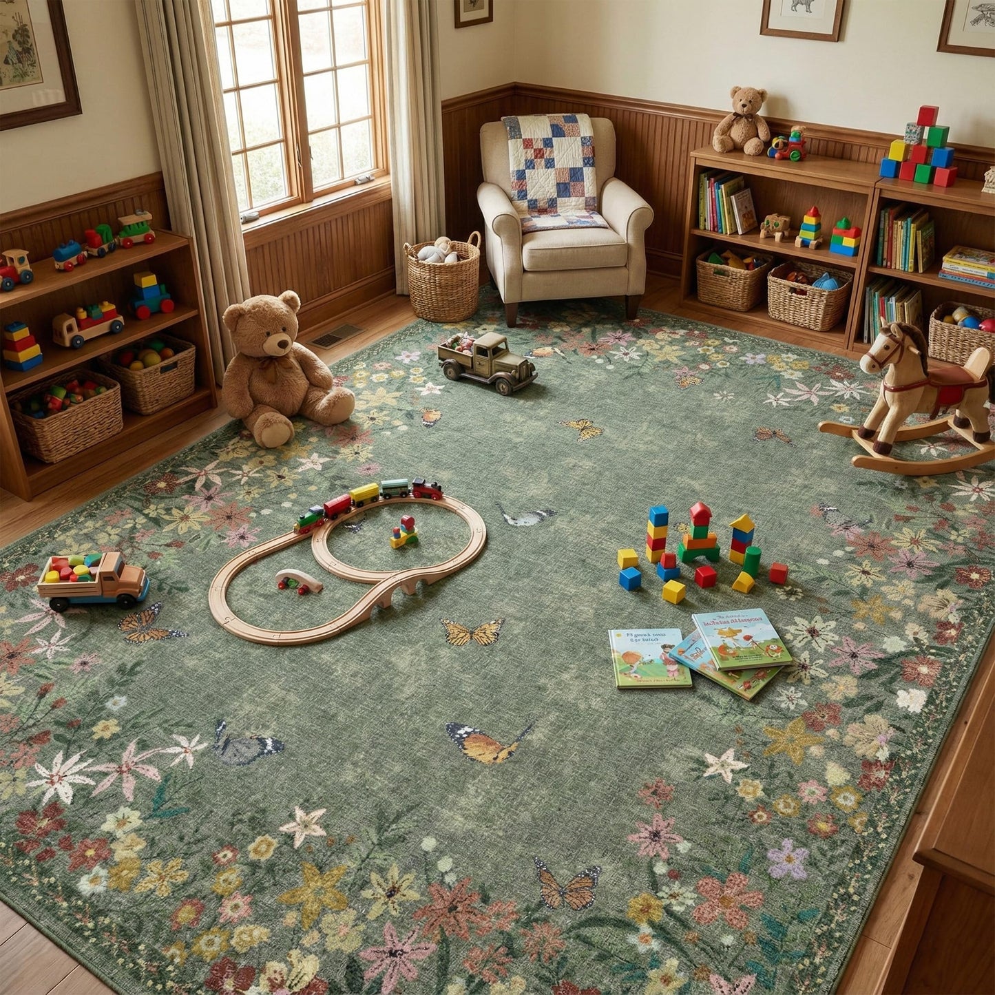 KUEAO Area Rugs 8x10 Rugs for Living Room, Machine Washable Green Rugs for Bedroom Large Area Rug Living Room Rug Non Slip Rug Carpet for Dining Nursery