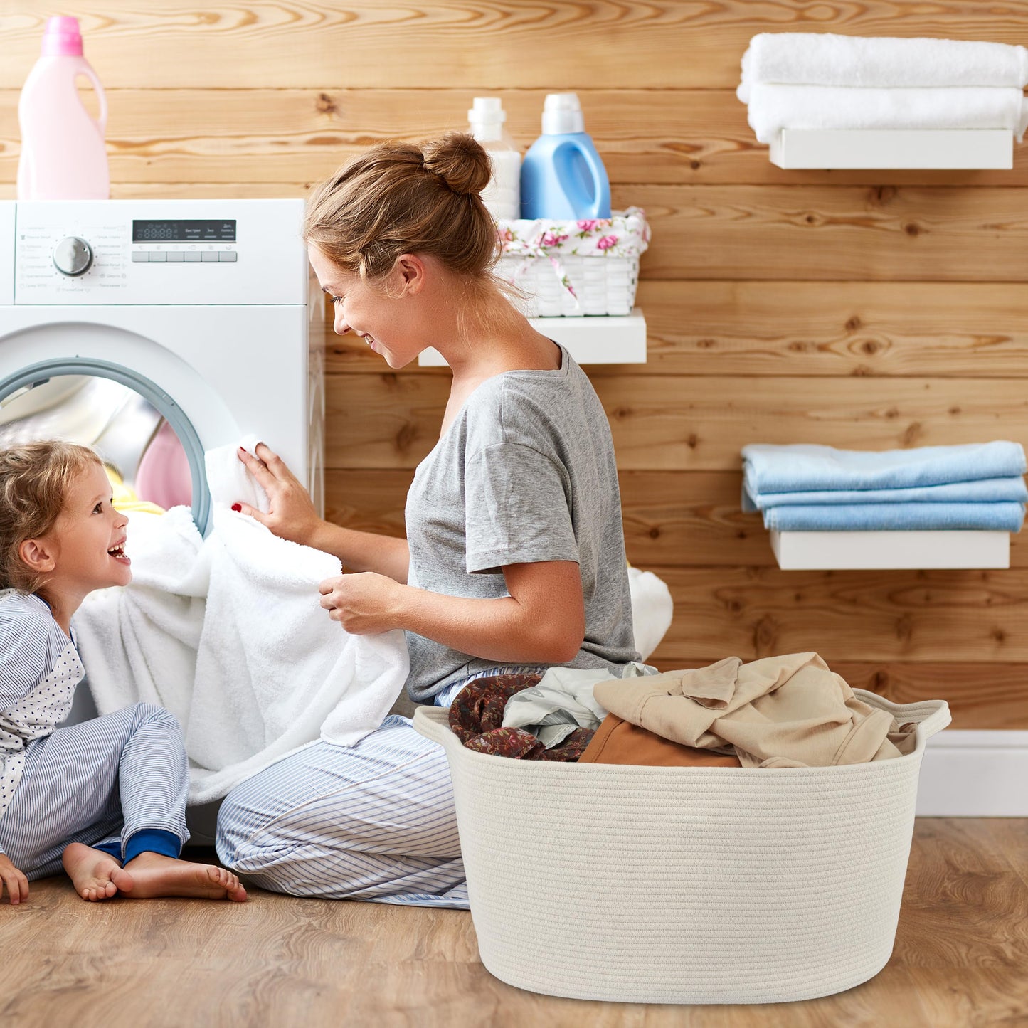 XUANGUO Large Rectangle Blankets Basket Living Room 22"x17"x12" Woven Cotton Rope Storage Baskets for Nursery Toy Baskets for Kids and Dogs Laundry Basket Bin for Clothes Towels white