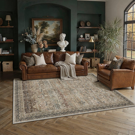 HUGEAR 5x7 Area Rugs Retro Brown Washable Rug for Living Room Vintage Boho Bedroom Rug No Shedding Soft Durable Low Pile Carpet Non Slip Indoor Home Decor Floor Mat