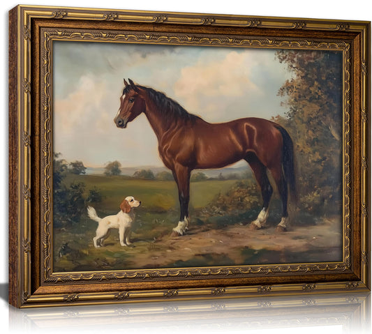 Vintage Gold Framed Horse Wall Art, Horse and Dog Canvas Wall Decor, Retro Rustic Farmhouse Animal Picture Print, Rustic Horses Poster, Artwork for Home Living Bedroom Farmhouse Hallway