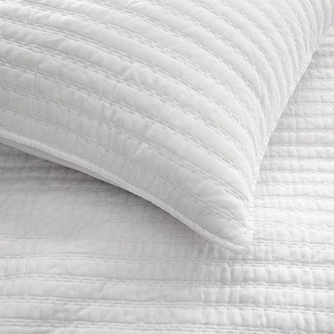 WDCOZY 100% Cotton Twin Size Quilt Set - White Striped Pick Stitch Soft Lightweight Bedspread, Textured Like Linen, Farmhouse Country Rustic Coverlet, Shabby Chic Gauze Bedding, 2 Pieces