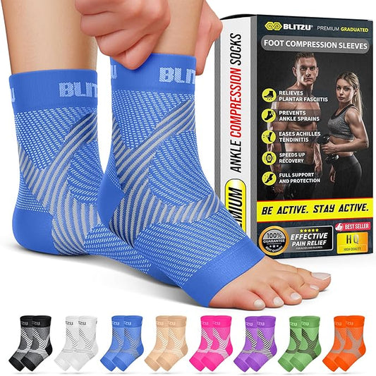 Compression Socks for Plantar Fasciitis, Achilles Tendonitis, Arthritis Relief, Ankle Brace Compression Sleeve with Foot Arch Support, Ankle Wrap for Women, Men, Swelling & Heel Pain Blue L-XL