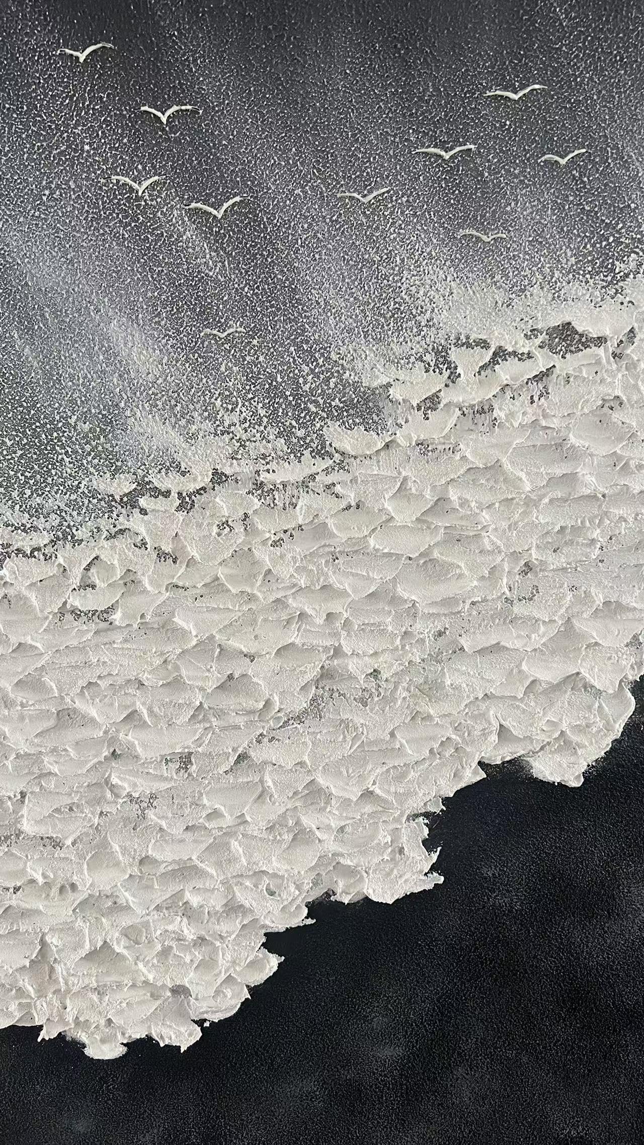 YaSheng Art - Thick Texture Abstract Oil Painting Hand-Painted sea wave Black and White Wall Art Minimalist modern Art Paintings Home Living room Room Dining Room Bedroom Wall Decorative Art Oil Painting 24x36inch