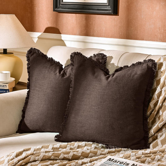 AmHoo Pack of 2 Linen Pillow Covers with Tassels Fringed Decorative Rustic Natural Throw Pillowcase Cushion for Couch Sofa Bedroom 18 x 18-Inch Brown