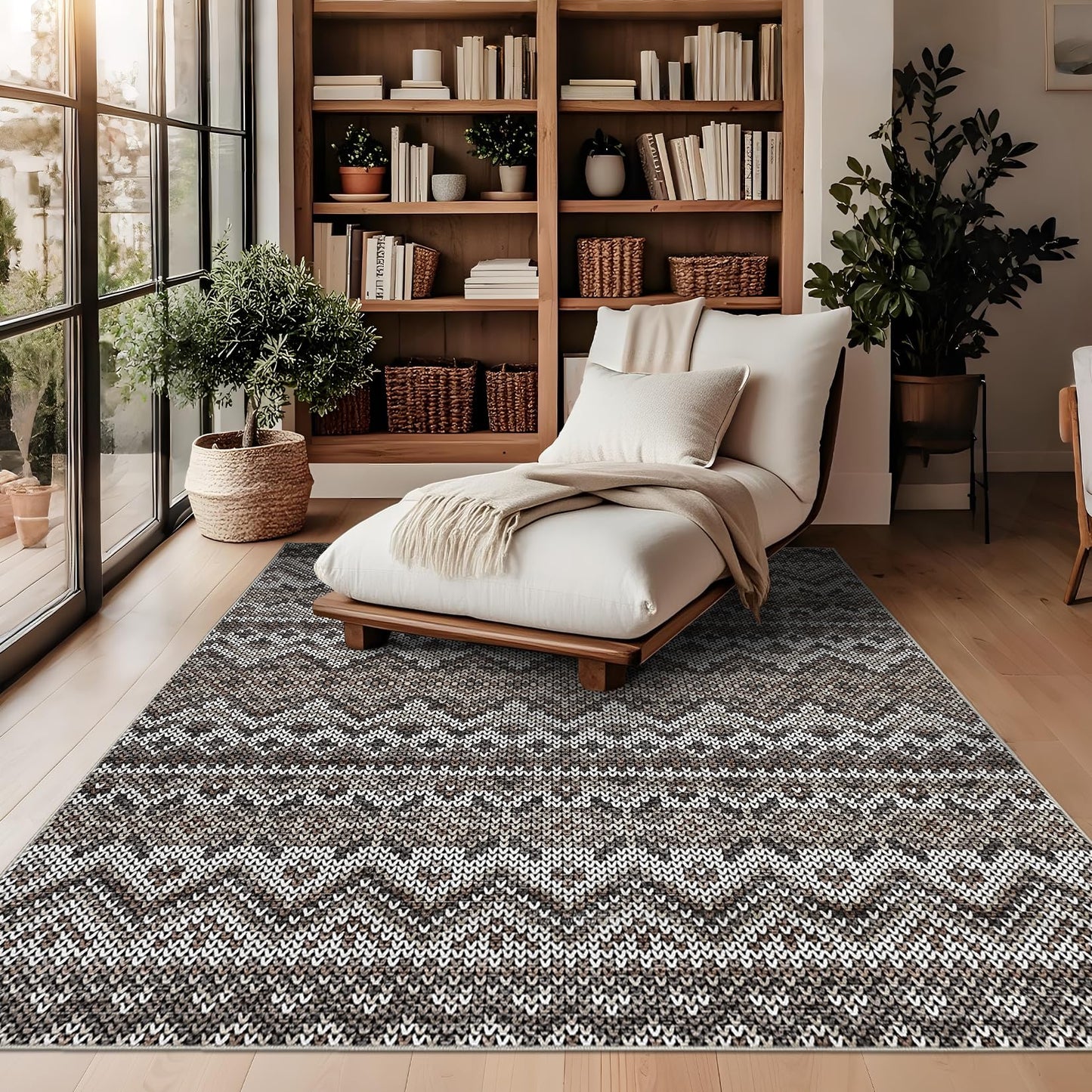 Garvee 5x7 Boho Area Rug Living Room, Geometric Throw Rugs with Rubber Backing Washable, Non Shedding Stain Resistant Floor Cover Foldable Low Pile Soft Mats for Bedroom, Dining Room, Nursery, Brown