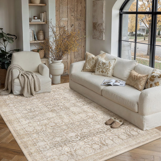 WondRg 5x7 Beige Washable Neutral Area Rug for Living Room Floral Non Slip Low Pile Throw Rug Vintage Traditional Stain Resistant Carpet Bedroom Kitchen Playroom Office Dining Room