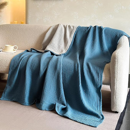 FALUCA Cotton Muslin Reversible Blanket Queen Size for Bed, Couch, Four Layers Blanket, Soft Lightweight Cozy Breathable Farmhouse Decoration for All-Season, Light Blue