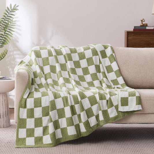 Cozzenity Checkered Throw Blanket, Sage Green Soft Cozy Fluffy Knitted Throw Blankets for Couch, Sofa, Bed, Chair, Warm Fuzzy Travel Picnic Lightweight Plaid Blanket, 50x70 inches