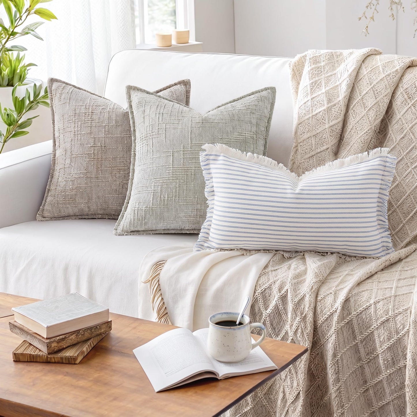 PANOD Decorative Boho Long Lumbar Pillow Cover 12x26,Super Soft Cotton Modern Long Rectangle Pillow Cover Pillow Case for Bed Sofa Couch Farmhouse Livingroom,Light Blue