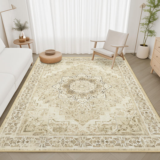Arenarug Washable Area Rug 5x7 Boho Rug for Living Room Bedroom Non Slip Soft Vintage Rug Oriental Distressed Accent Rug Floral Medallion Floor Carpet for Office Kitchen Dining Room Indoor Dorm, Beige