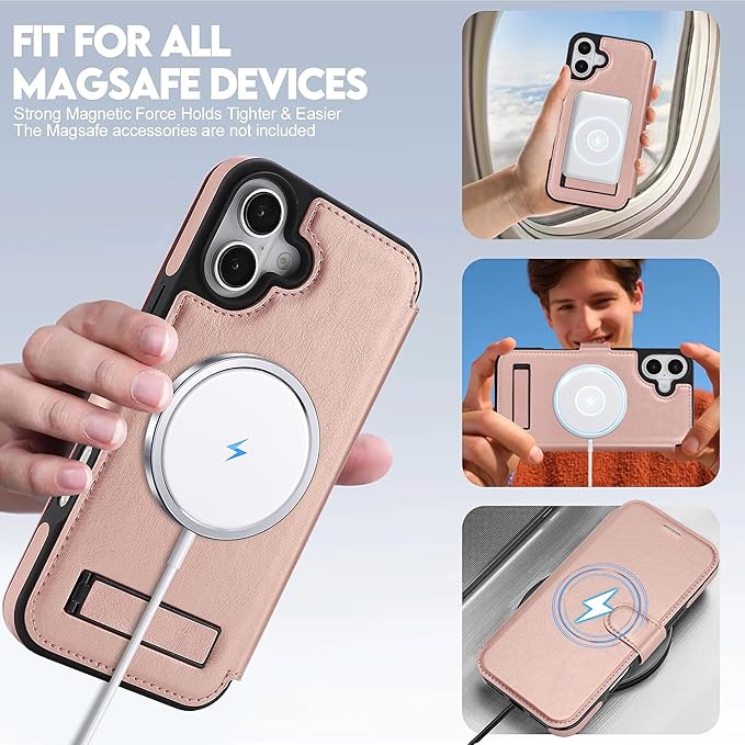 CIVICASE for iPhone 17 Wallet Case with Stand,PU Leather Flip Credit Card Holder Slots (RFID Blocking),Compatible with Magsafe Magnetic Holder Phone Cover Women Men,Rose Gold