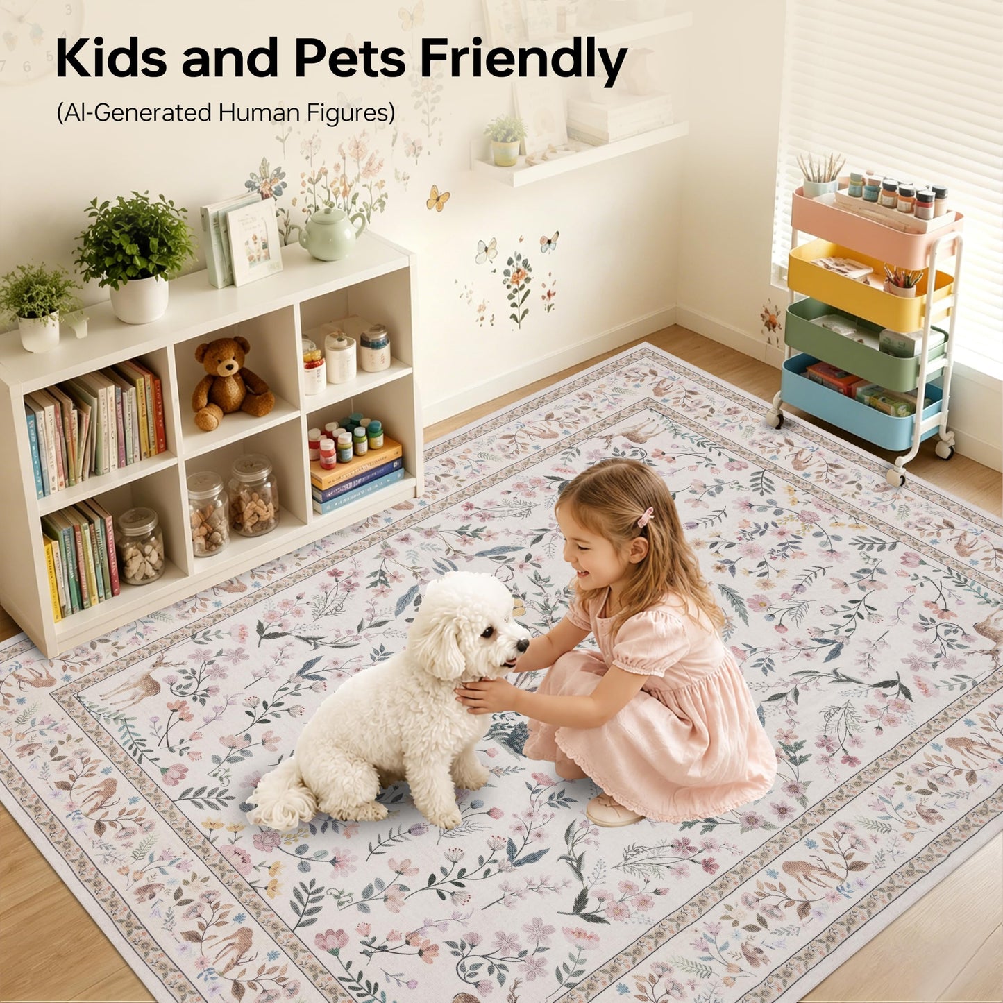 RCTJHOME 5x7 Beige Floral Nursery Kids Washable Area Rug Non-Slip Carpet