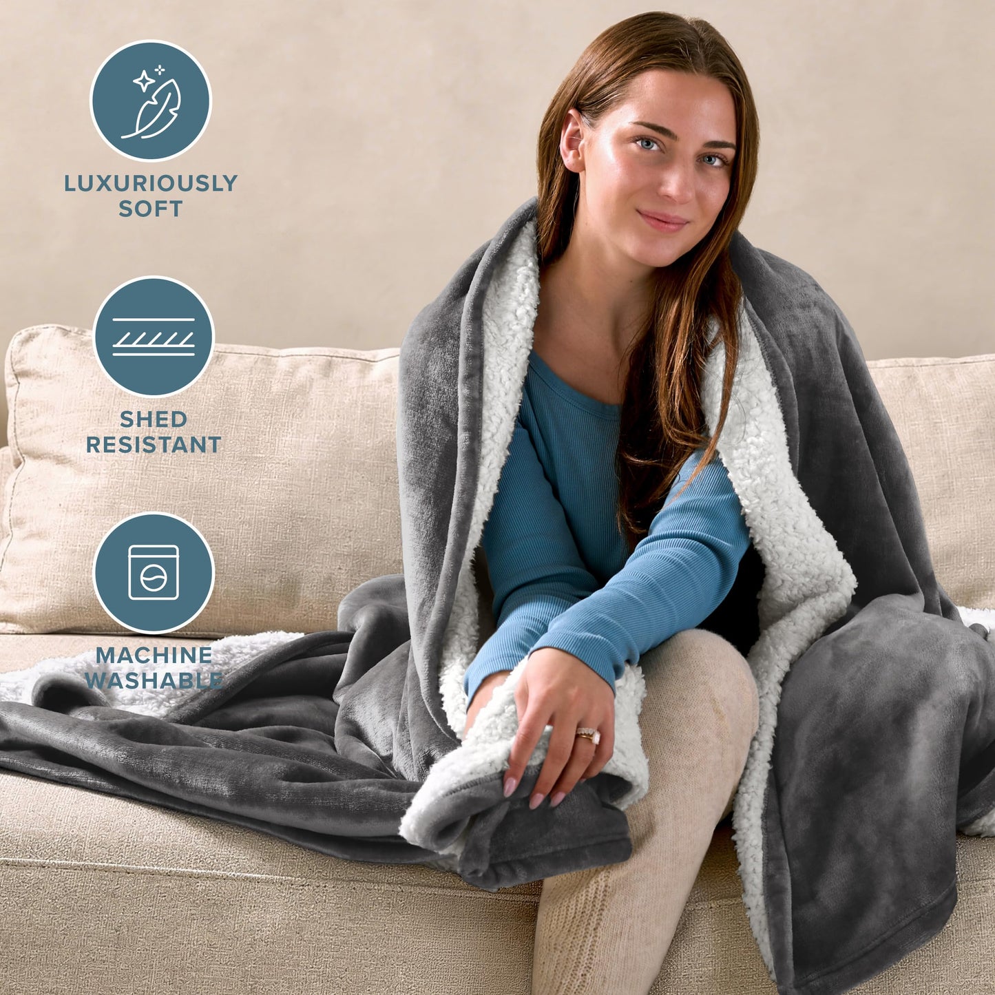 Bare Home Sherpa Fleece Blanket - King Size - Blanket for Bed, Sofa, and Couch - Warm & Lightweight - Fluffy & Soft - Reversible (King, Grey)