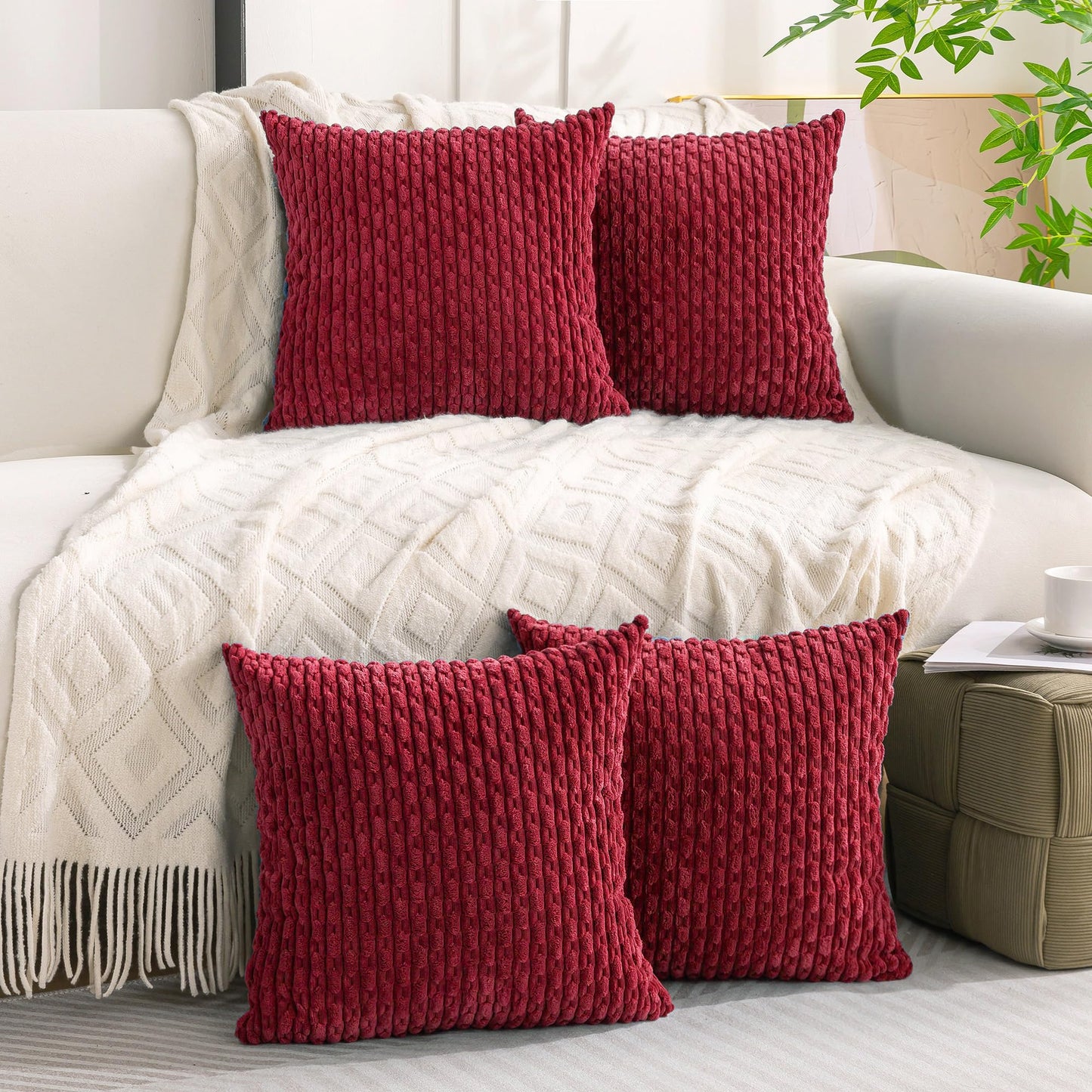 Cozoomy Set of 4 Burgundy Decorative Throw Pillow Covers 20x20 Inch Corduroy Pillow Covers for Bed Couch Sofa Living Room Soft Square Cushion Cases