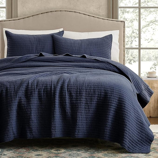 WDCOZY 100% Cotton King Size Quilt Set - Navy Blue Striped Pick Stitch Soft Lightweight Bedspread, Textured Like Linen, Farmhouse Country Rustic Coverlet, Shabby Chic Gauze Bedding, 3 Pieces