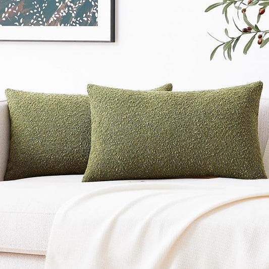 Mixhug Decorative Boucle Throw Pillow Covers, Olive Green, 12 x 20 Inches, Pack of 2 - Textured Boho Pillow Covers for Couch and Bed