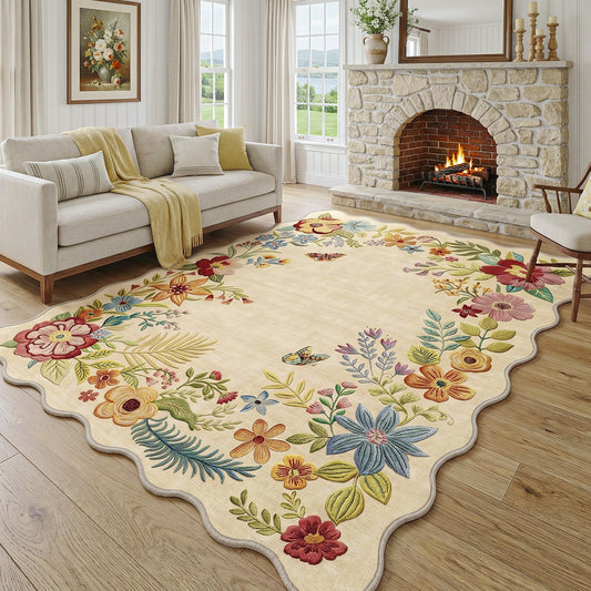 FMFUNCTEX 5x7 Floral Washable Area Rug Beige Neutral Vintage Flower Botanical Cottage Boho Cream Scalloped Soft Non Slip Low Pile Large Indoor Thin Carpet for Living Room Bedroom Dining Room Nursery