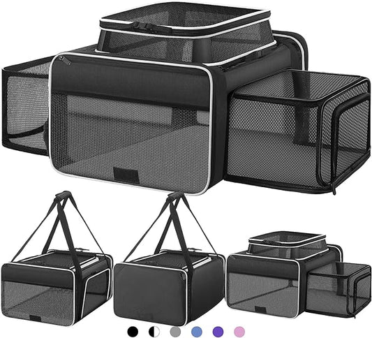 Top and 2 Sides Expandable Large Cat Carrier 18x13.5x9.5, TSA Airline Approved Dog Carriers for Large Dogs, Soft-Sided Pet Carrier with Self-Locking Zippers for Kitten,Rabbit,Puppy, Black White