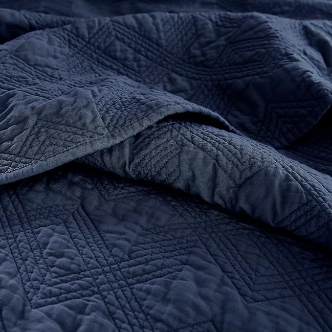 WDCOZY 100% Cotton King Size Quilt Set - Navy Blue Pre-Washed Soft Lightweight Modern Bedspread, Farmhouse Country Rustic Coverlet, Textured Like Linen, Shabby Chic Gauze Bedding, 3 Pieces