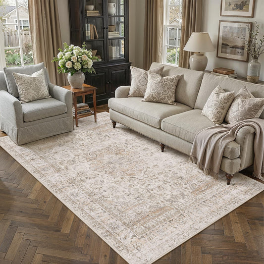 WondRg 5x7 Washable Area Rug Beige Vintage Non Slip Soft Low Pile Rug for Living Room Bedroom Dining Room Office Distressed Oriental Indoor Throw Carpet for Home Decor