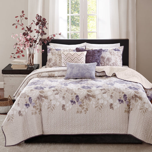 Madison Park Luna Quilt Modern Classic Design All Season, Breathable Coverlet Lightweight Bedding Set, Matching Shams, Decorative Pillow, King/Cal King(104"x94"), Floral Taupe 6 Piece