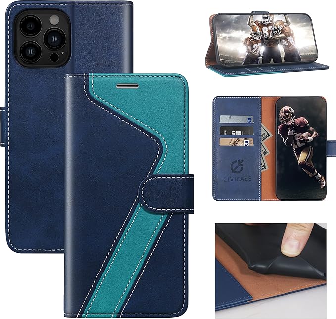 CIVICASE for iPhone 13 Pro Max Wallet Case,Leather Flip Case [RFID Blocking] Credit Card Holder Folio Magnetic Stand TPU Shockproof Cover Color Matching for iPhone 13 Pro Max (6.7") Blue Green