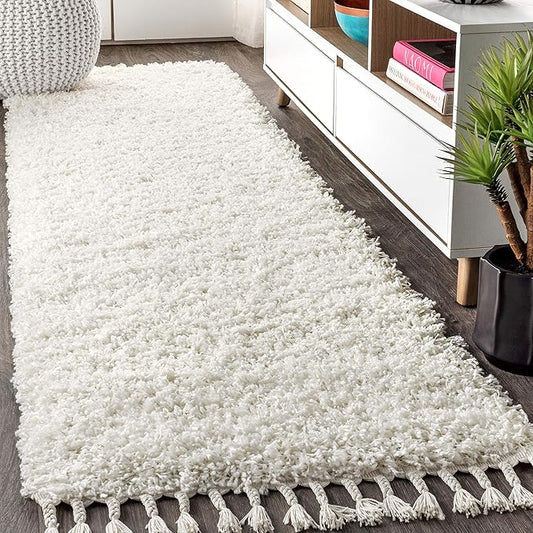 JONATHAN Y Mercer Shag Plush Tassel White Runner Rug, 2x8, Contemporary, Modern, Easy-Cleaning for Living Room, Bedroom, Kitchen, Pet Friendly, Non-Shedding (MCR100A-28)