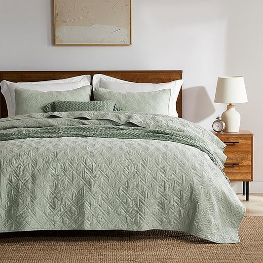 WDCOZY 100% Cotton Queen Size Quilt Set - Sage Green Pre-Washed Soft Lightweight Modern Bedspread, Farmhouse Country Rustic Coverlet, Textured Like Linen, Shabby Chic Gauze Bedding, 3 Pieces