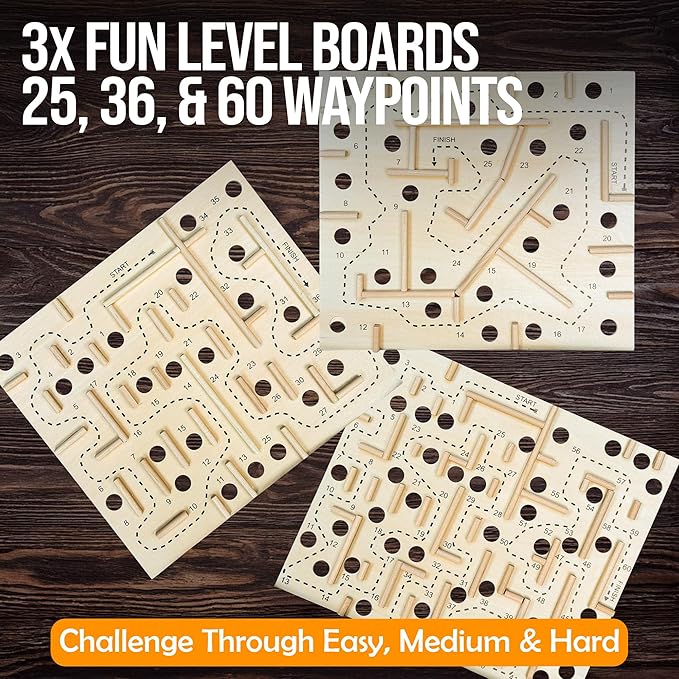 Sterling Games Wooden Labyrinth with 3 Swappable Boards – Classic Maze Game with 60, 36, and 25 Waypoints – Wooden Tilt Puzzle with Knob Control and 3 Steel Marbles for Kids Age 6+