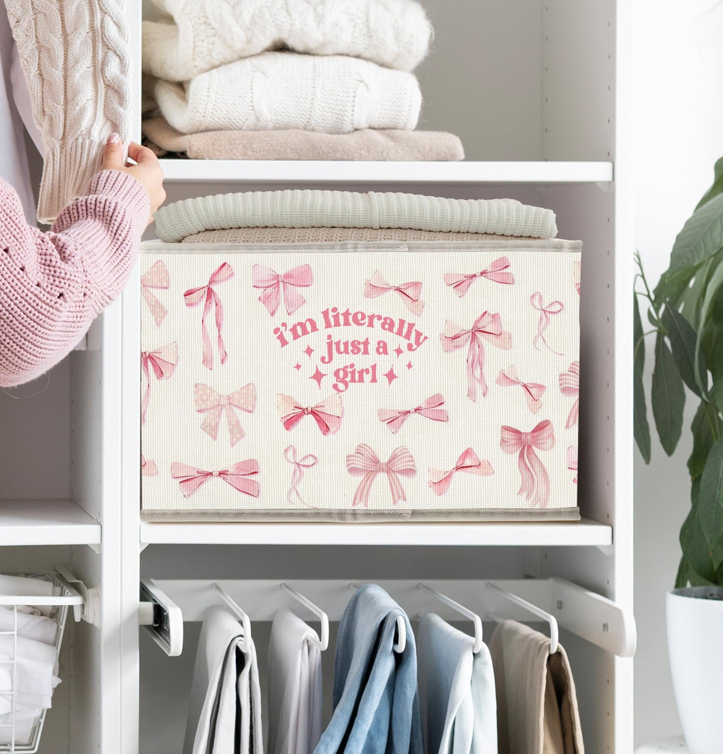 FDHSPAAM Coquette Preppy Pink Bow Storage Bins Box with Handles, I'm Iiterally Just a Girl Collapsible Fabric Storage Basket Box Organizer for Girls Dorm Bedroom Bathroom Clothes Toys Books