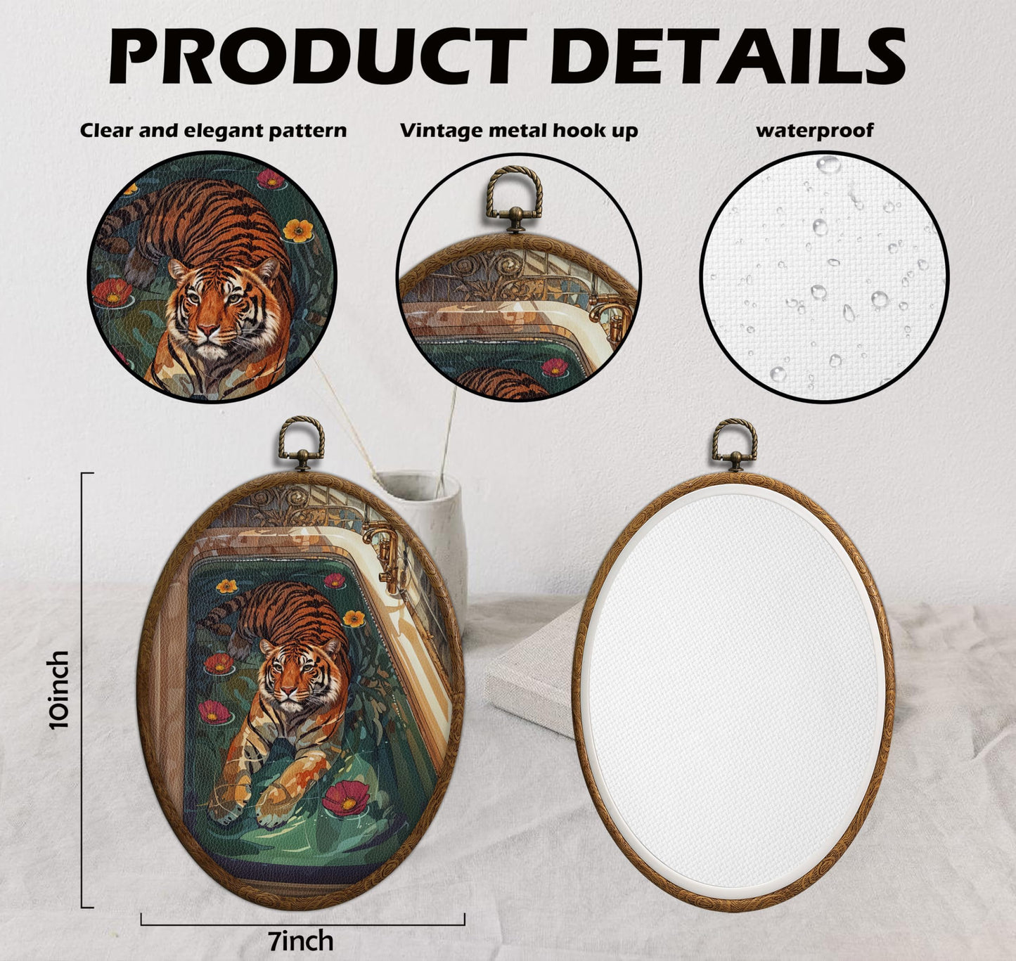 Tiger in Bathtub Oval Framed Wall Art, Eclectic Tiger Wall Art, Waterproof maximalist Bathroom Decor, Retro Trendy Aesthetic maximalist Eclectic Bathroom Decor for Bedroom Living Room Home, 21