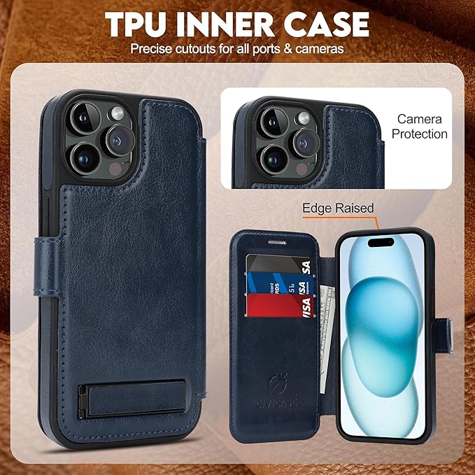 CIVICASE for iPhone 13 Pro Wallet Case with Stand,PU Leather Flip Credit Card Holder Slots (RFID Blocking),Compatible with Magsafe Magnetic Holder Phone Cover Women Men,Blue