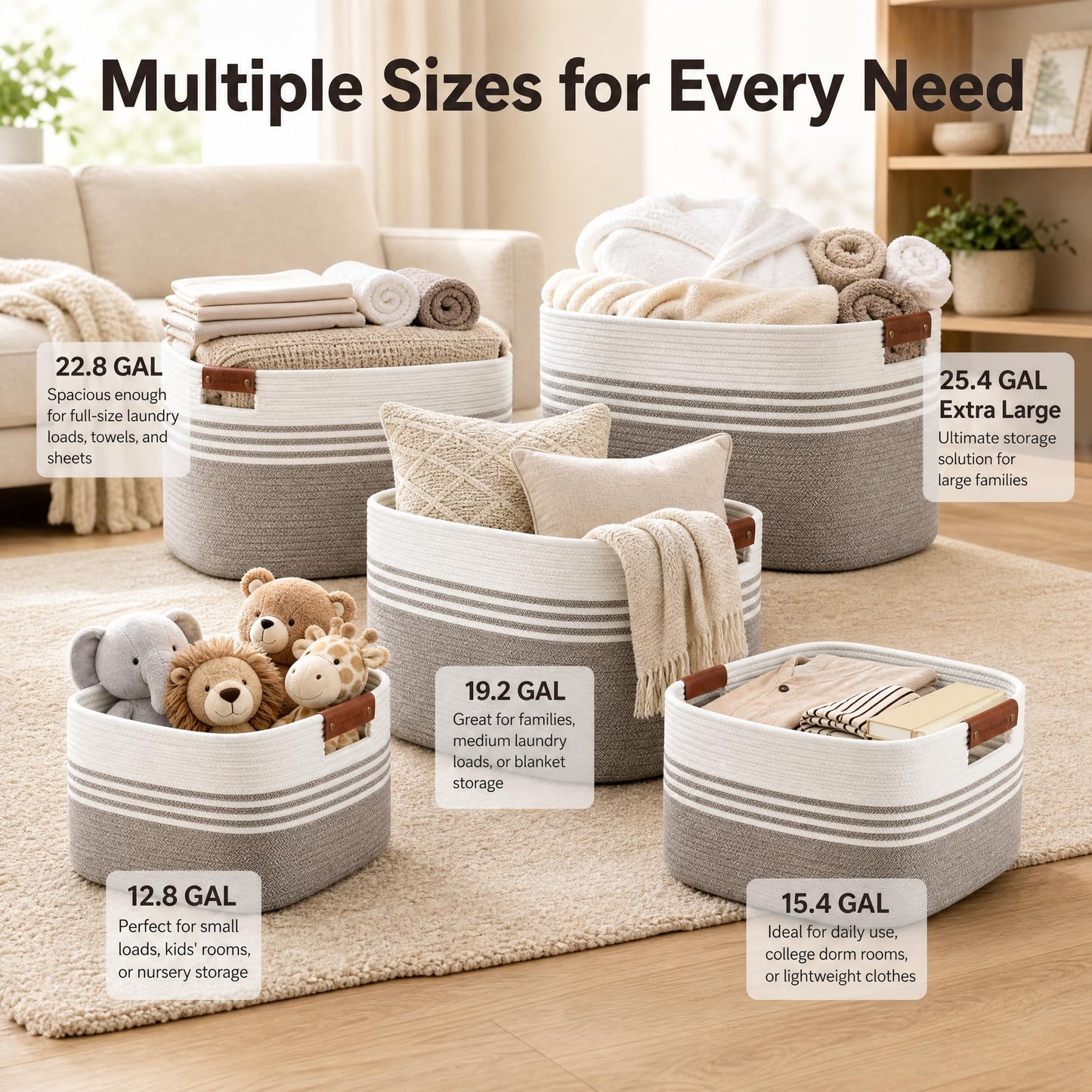 Cotton Rope Laundry Basket Medium, 15.4GAL Collapsible Woven Storage Baskets for Living Room Kids Toys Stuffed Animal,Boho Rectangular Decorative Short Hamper for Dirty Clothes, Blankets White Brown