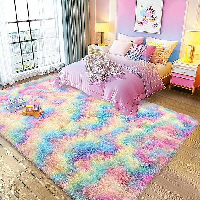 Large 9x12 Area Rug for Living Room, Ultra Soft Shag Thick Fluffy Plush Fuzzy Carpet for Bedroom, Girls Boys Kids Room Non Slip Dorm Rug for Home Decor Aesthetic, Rainbow