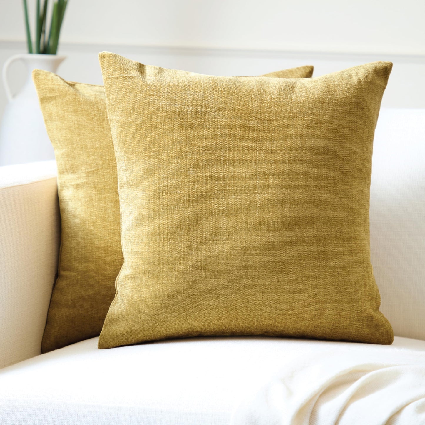 Encasa XO Thick Chenille Throw Pillow Covers Set of 2 | Mustard Gold - (24"x24") (60x60 cm) | Decorative Accent Square Throw Pillow Cases for Couch, Home Decor, Sofa