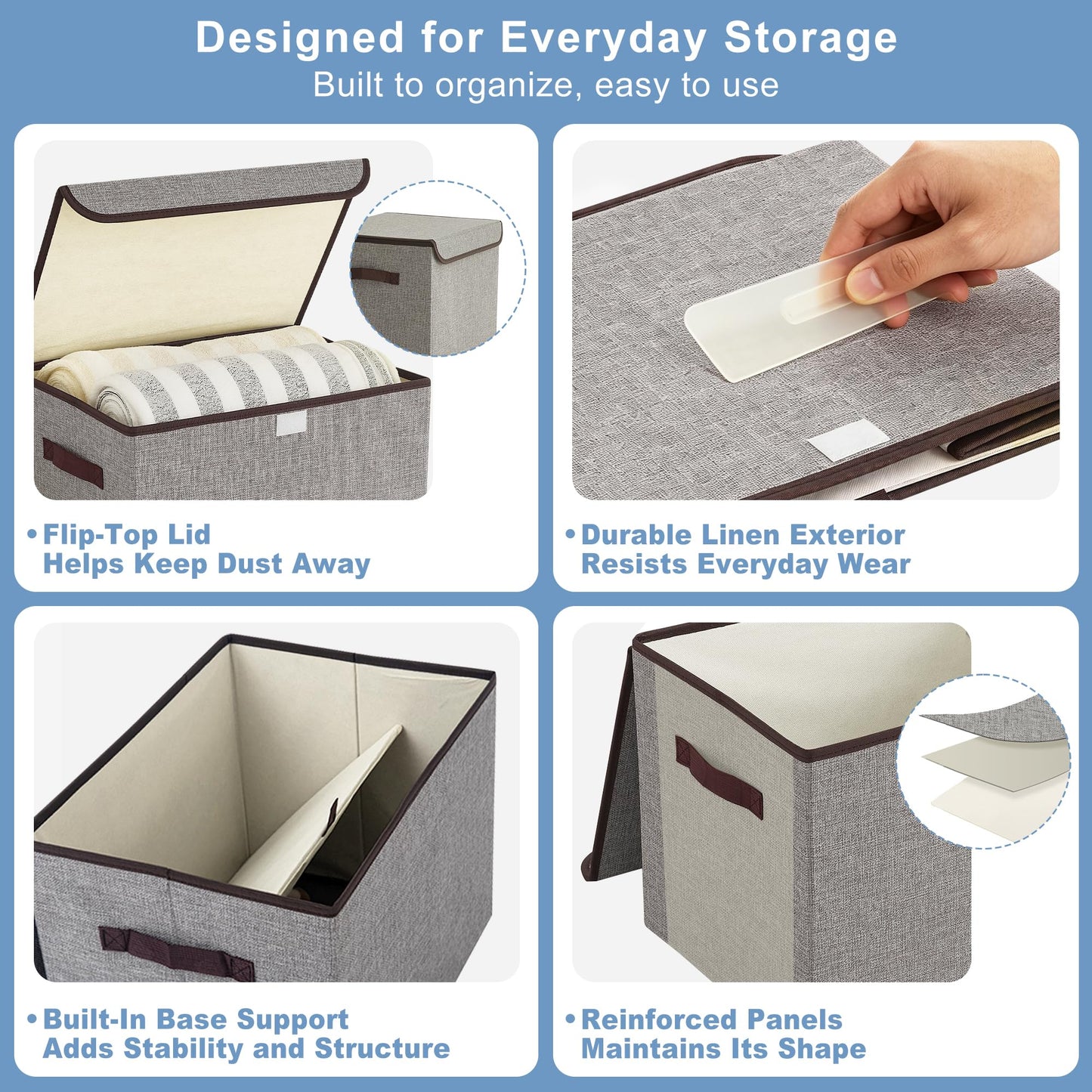 Bagnizer Large 22 Quart Linen Fabric Foldable Storage Bin Cube Organizer Basket with Flip-Top Lid & Handles, Clothes Blanket Box for Home, Office, Closet, Gray, 4 Pack 14.6 x 9.5 x 9.5”