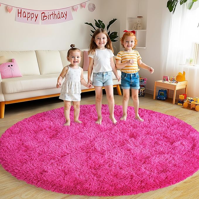 Round Fluffy Rugs 4Ft for Girls Bedroom, Hot Pink Shag Circle Kids Rug Non-Slip for Bedside Dorm Nursery Playroom, Soft Cute Area Rugs for Living Room Decor
