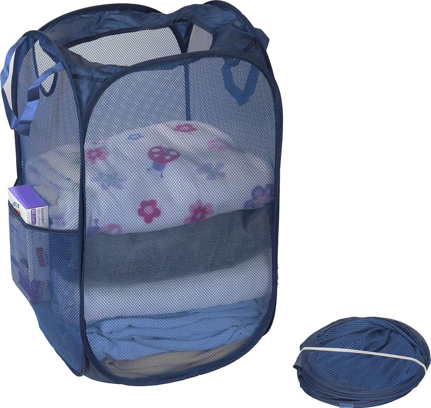 Simple Houseware Mesh Pop-Up Laundry Hamper Basket with Side Pocket, Dark Blue - 2 Pack