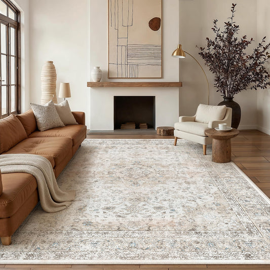 WondRg 8x10 Washable Vintage Area Rug for Living Room Bedroom Beige Grey Soft Tranditional Non Slip Large Throw Rug Lightweight Floral Low Pile Distressed Carpet Office Playroom Dining Room
