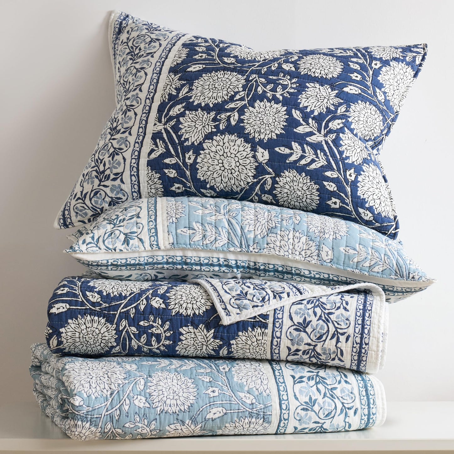 Levtex Home Adare Blue Reversible Full/Queen Quilt Set (88x92in) with 2 Pillow Shams (26x20in) - Floral Bedding - Blue White - Cotton Full/Queen Size Quilt Bedding Set - Lightweight, Soft, Pre-Washed