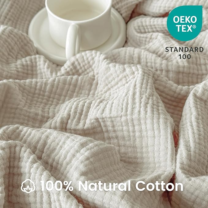 FALUCA Cotton Muslin Reversible Blanket Queen Size for Bed, Couch, Four Layers Blanket, Soft Lightweight Cozy Breathable Farmhouse Decoration for All-Season, Khaki