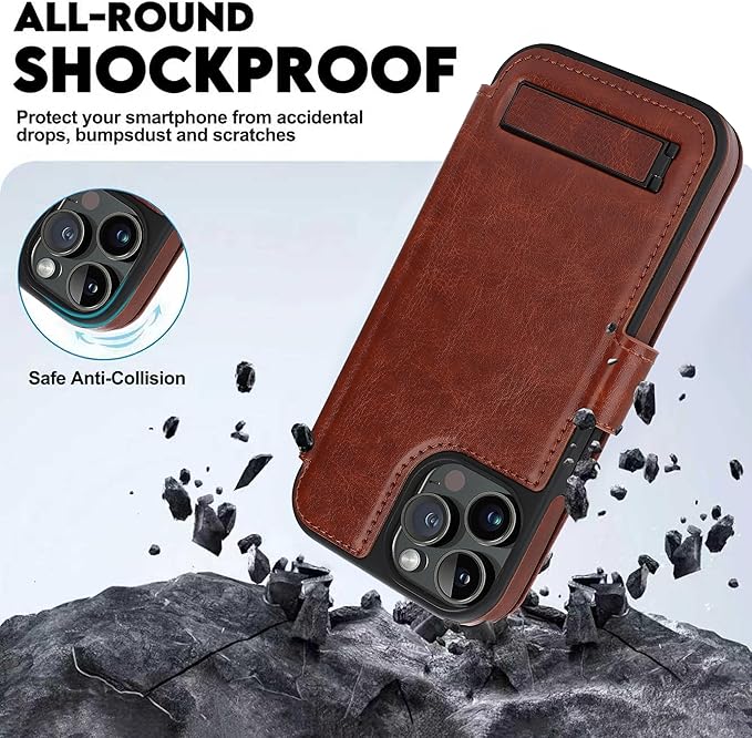 CIVICASE for iPhone 15 Pro Wallet Case with Stand,PU Leather Flip Credit Card Holder Slots (RFID Blocking),Compatible with Magsafe Magnetic Holder Phone Cover Women Men,Dark Brown