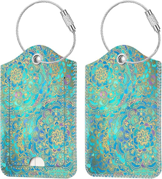 Fintie Luggage Tags, Privacy Cover ID Label with Stainless Steel Loop and Address Card for Travel Bag Suitcase - Glass Blue (2 Piece)