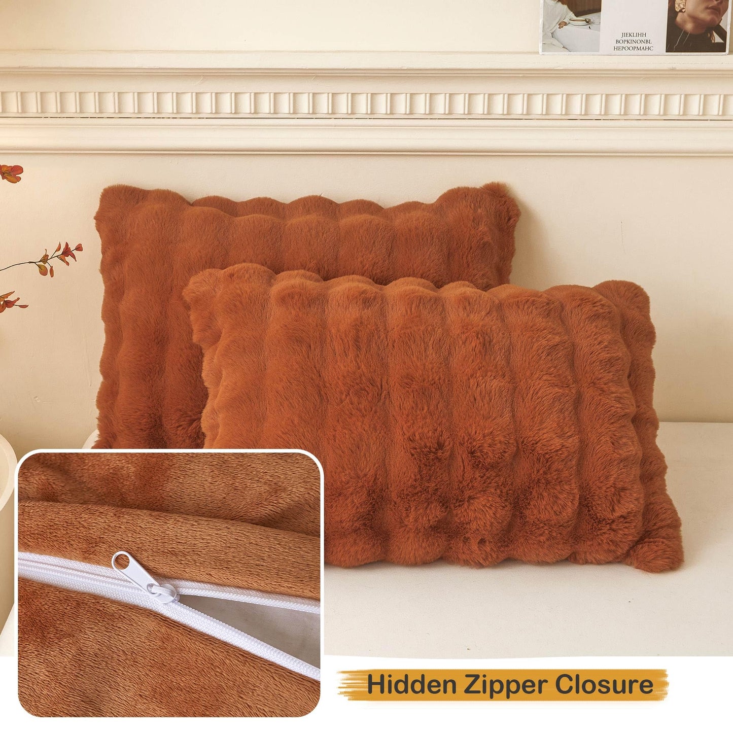 LIFEREVO 2 Pieces Fluffy Faux Rabbit Fur Pillow Cases, Luxury Soft Plush Shaggy Bubble Pillowcases Standard Size with Zipper, Furry Fuzzy Long Pillow Shams Adult Girls Kids Teens 20x26, Burnt Orange