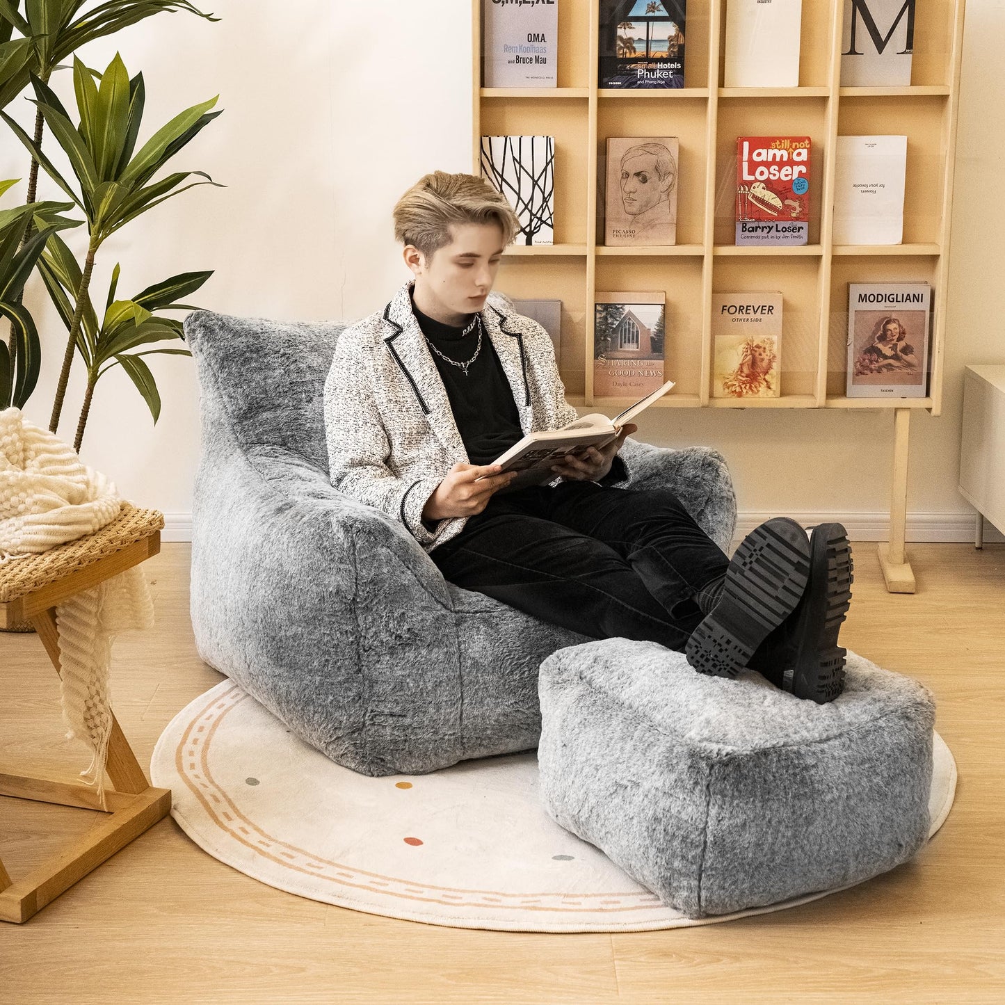 Cvortll Bean Bag Chair with Ottoman, Armrest Bean Bag Chairs with Filler, Ultra Soft Fluffy Faux Fur Bean Bag Chair with Foot Rest, Plush Lazy Sofa with Foot Stool for Living Room, Dorm